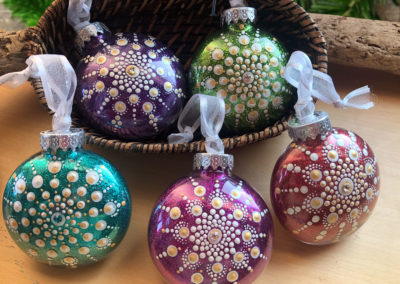 Unbreakable ornaments, glitter inside and a mandala design.