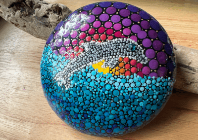 Hand-cast art stone with mandala and dotting design.
