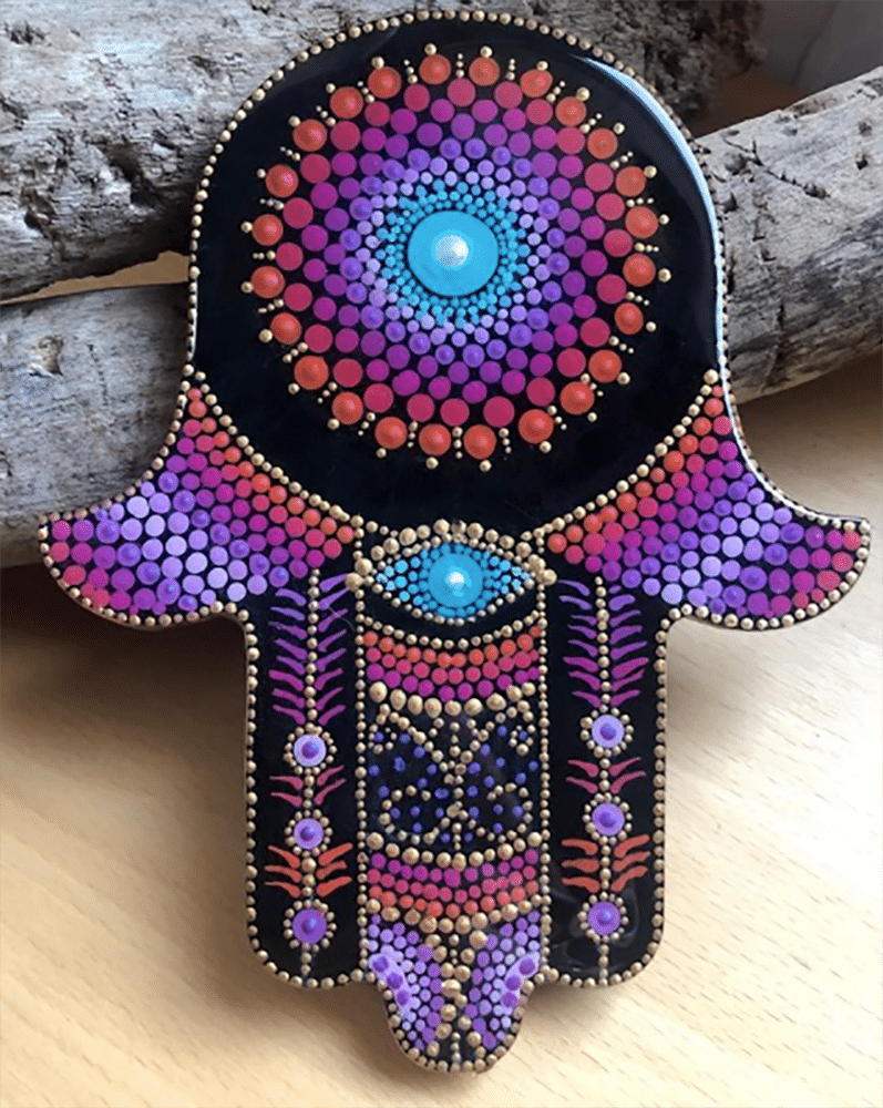 Large 8" wooden Hamsa, painted with unique mandala design.
