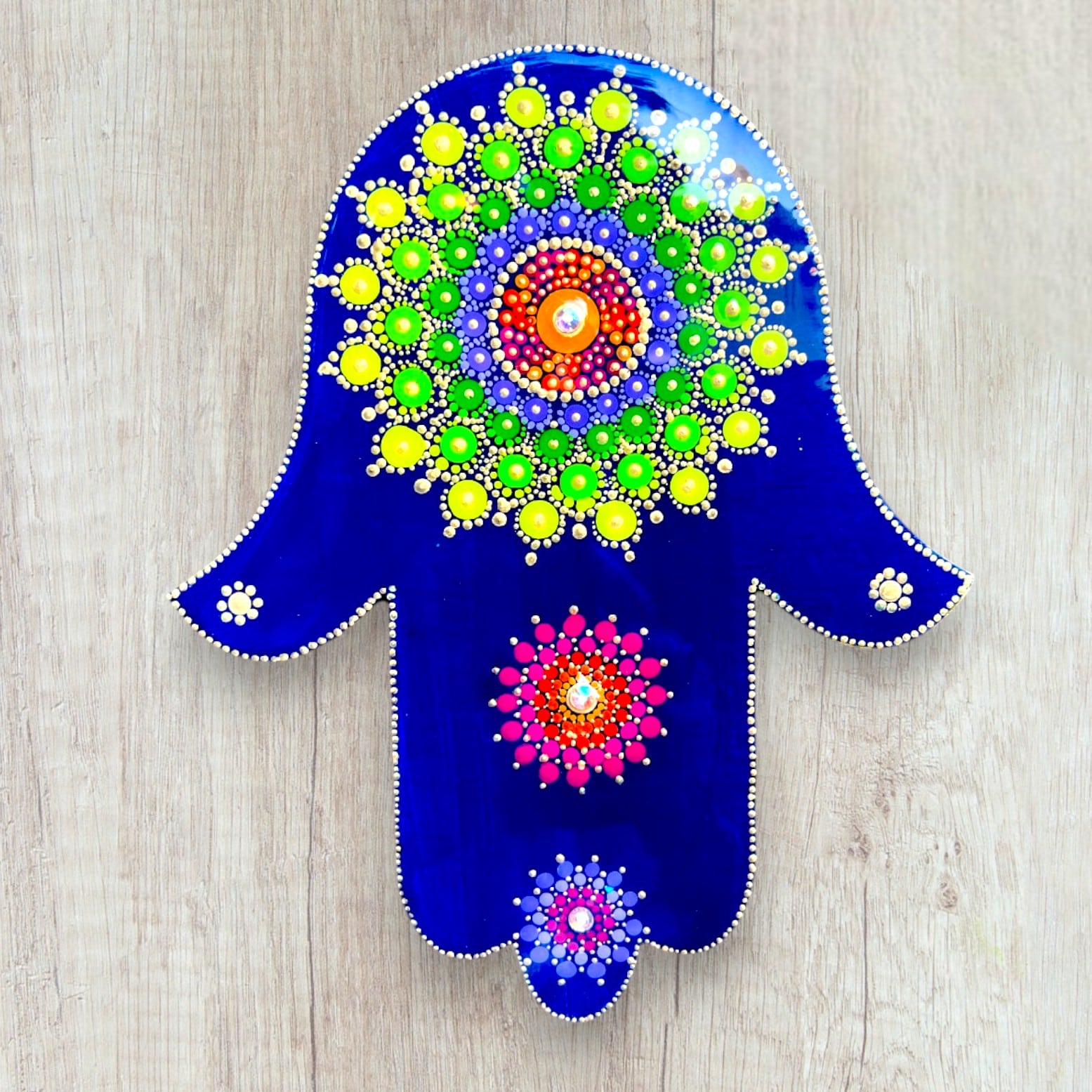 Large 8" wooden Hamsa, painted with unique mandala design.