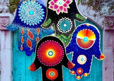 Large 8″ wooden Hamsa, painted with unique mandala design.